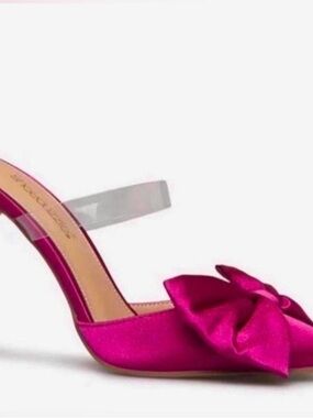 Fuchsia Bow Pointed-Toe Mule with Clear Strap